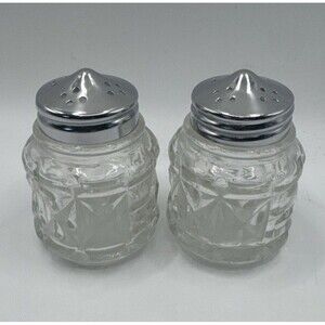 Vintage Salt Pepper Shakers Clear Glass 2.25" Round X Pattern Stainless Top 50s
